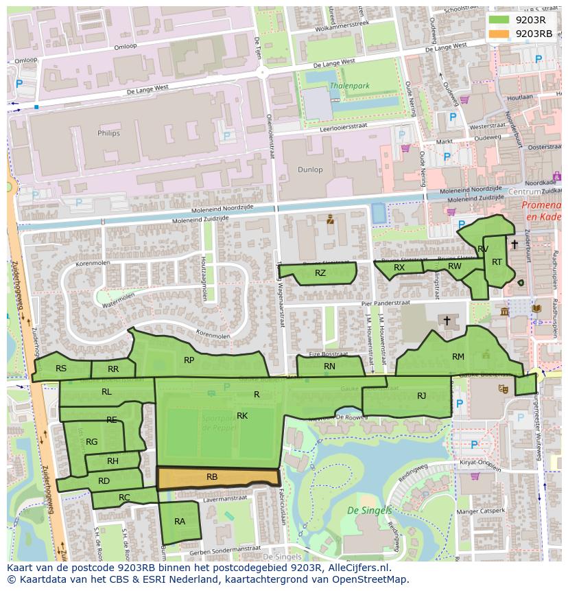 Afbeelding van het postcodegebied 9203 RB op de kaart.
