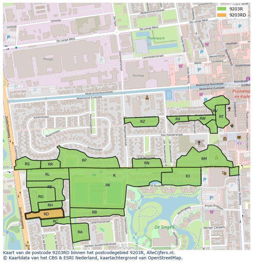Afbeelding van het postcodegebied 9203 RD op de kaart.
