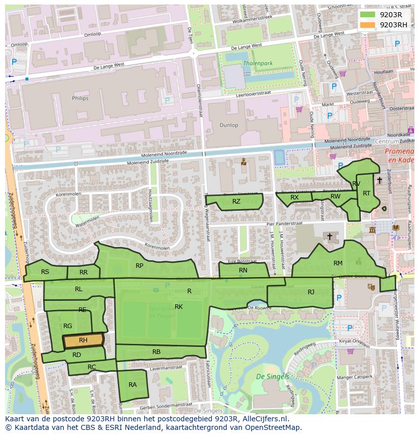 Afbeelding van het postcodegebied 9203 RH op de kaart.