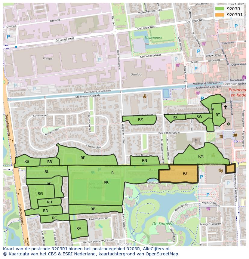 Afbeelding van het postcodegebied 9203 RJ op de kaart.
