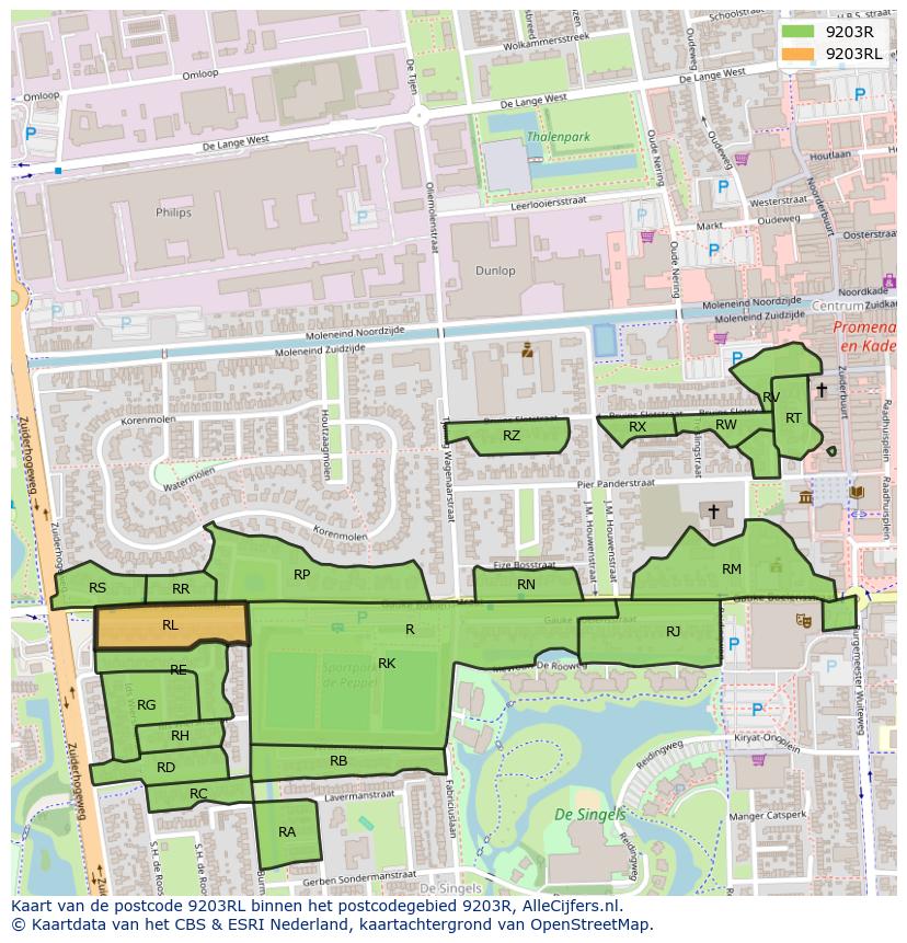 Afbeelding van het postcodegebied 9203 RL op de kaart.