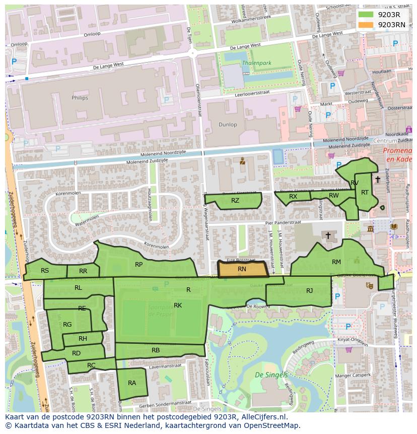 Afbeelding van het postcodegebied 9203 RN op de kaart.