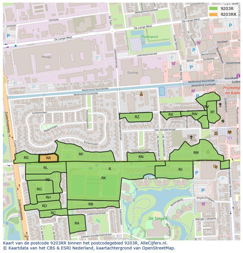 Afbeelding van het postcodegebied 9203 RR op de kaart.