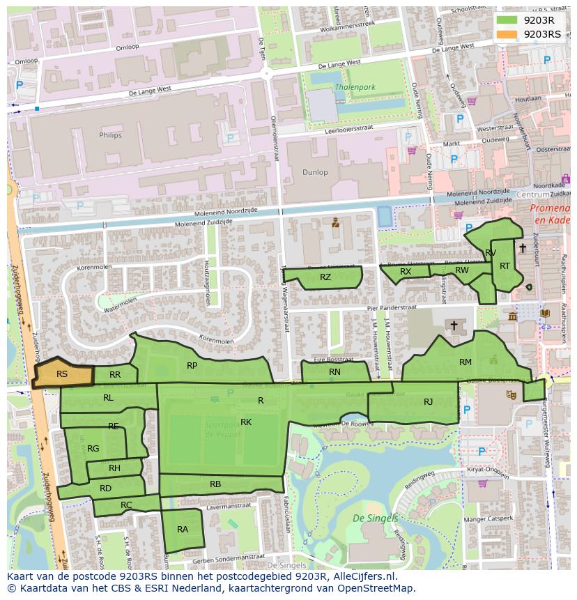 Afbeelding van het postcodegebied 9203 RS op de kaart.