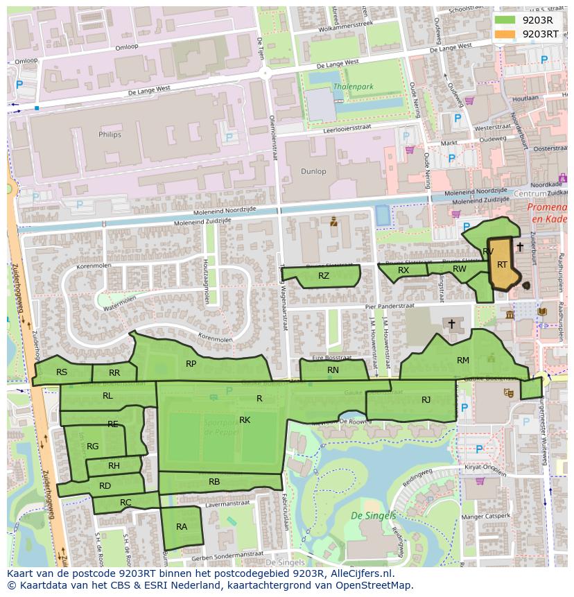 Afbeelding van het postcodegebied 9203 RT op de kaart.