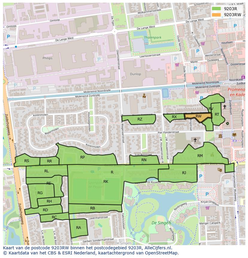Afbeelding van het postcodegebied 9203 RW op de kaart.