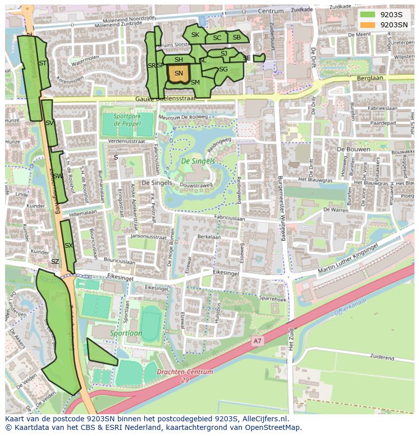 Afbeelding van het postcodegebied 9203 SN op de kaart.