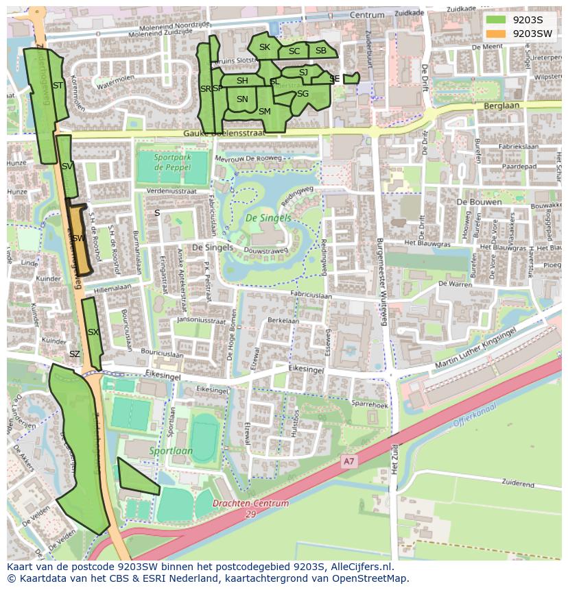 Afbeelding van het postcodegebied 9203 SW op de kaart.