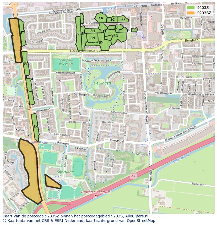 Afbeelding van het postcodegebied 9203 SZ op de kaart.