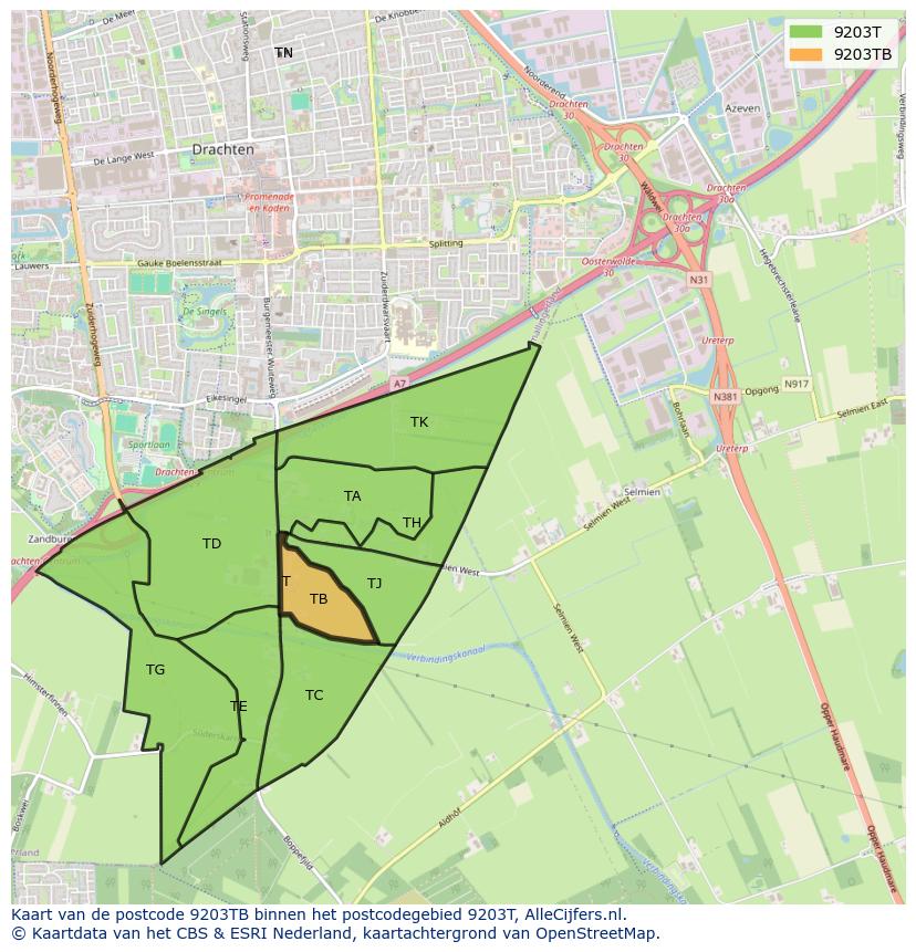 Afbeelding van het postcodegebied 9203 TB op de kaart.