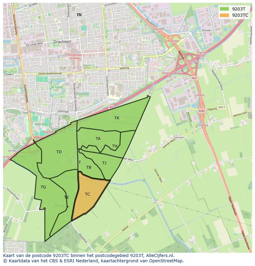 Afbeelding van het postcodegebied 9203 TC op de kaart.