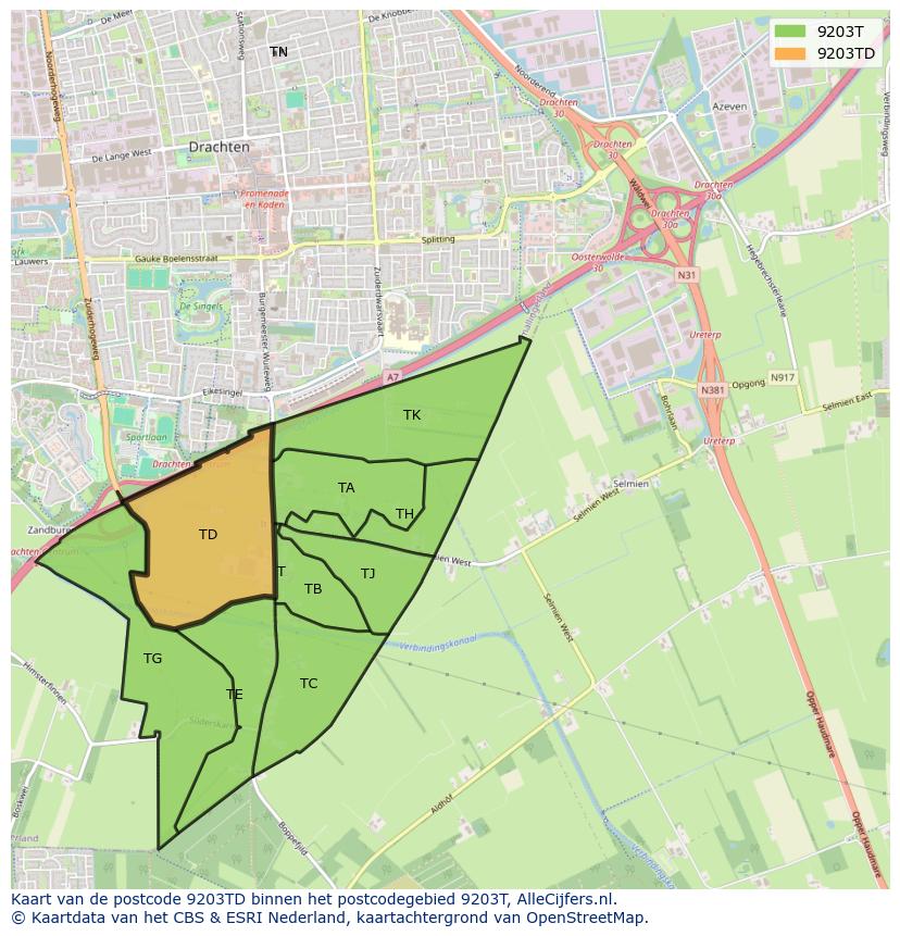 Afbeelding van het postcodegebied 9203 TD op de kaart.