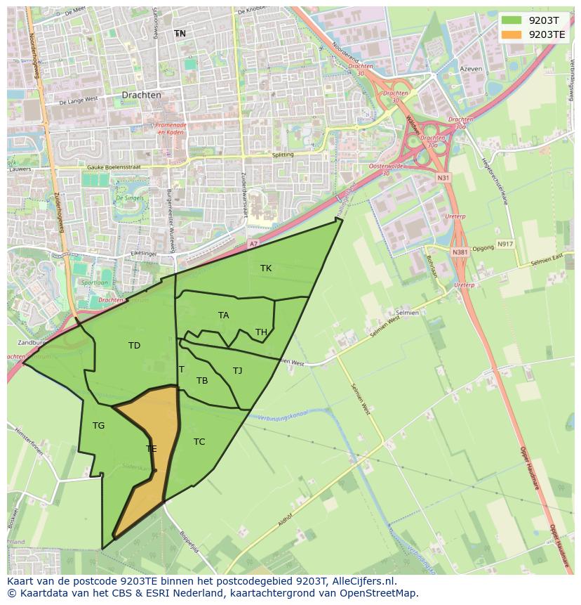 Afbeelding van het postcodegebied 9203 TE op de kaart.