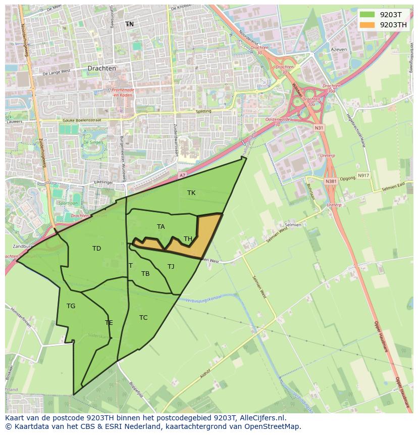 Afbeelding van het postcodegebied 9203 TH op de kaart.