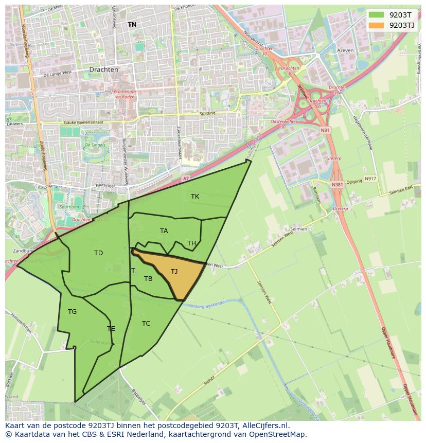 Afbeelding van het postcodegebied 9203 TJ op de kaart.