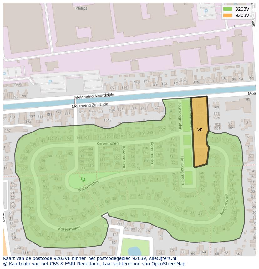 Afbeelding van het postcodegebied 9203 VE op de kaart.