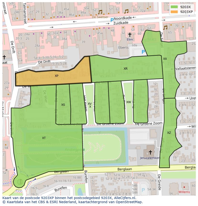 Afbeelding van het postcodegebied 9203 XP op de kaart.