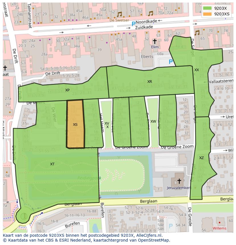 Afbeelding van het postcodegebied 9203 XS op de kaart.