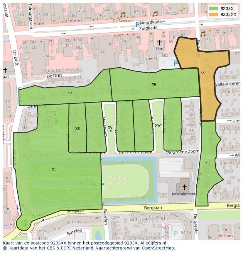 Afbeelding van het postcodegebied 9203 XX op de kaart.