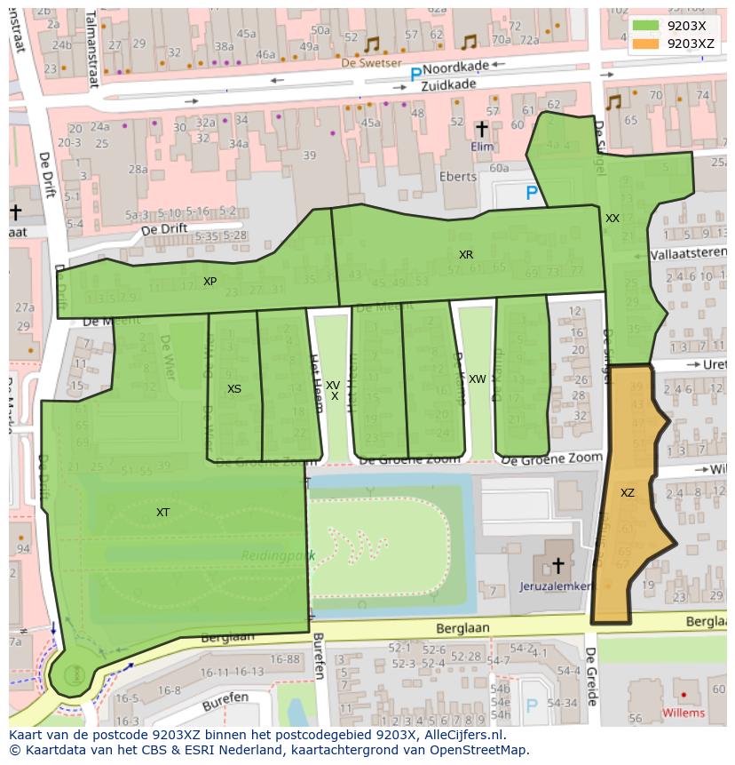 Afbeelding van het postcodegebied 9203 XZ op de kaart.
