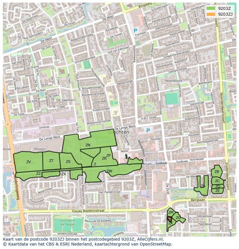 Afbeelding van het postcodegebied 9203 ZJ op de kaart.