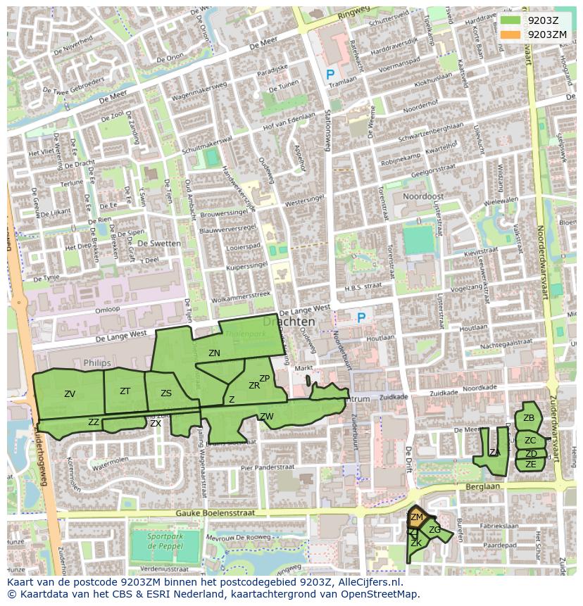 Afbeelding van het postcodegebied 9203 ZM op de kaart.