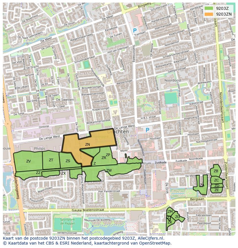 Afbeelding van het postcodegebied 9203 ZN op de kaart.