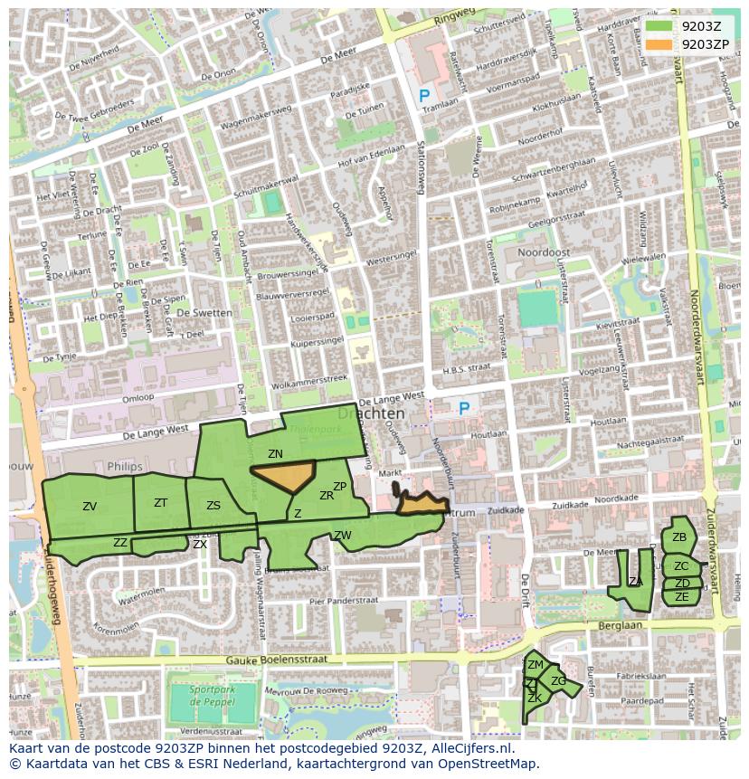 Afbeelding van het postcodegebied 9203 ZP op de kaart.