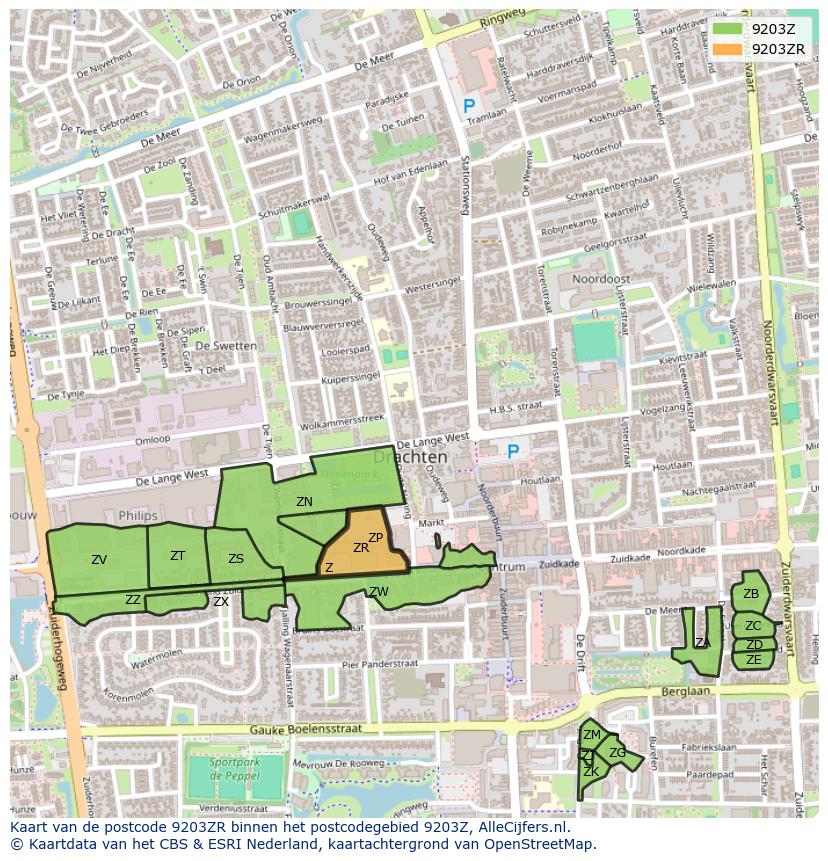 Afbeelding van het postcodegebied 9203 ZR op de kaart.