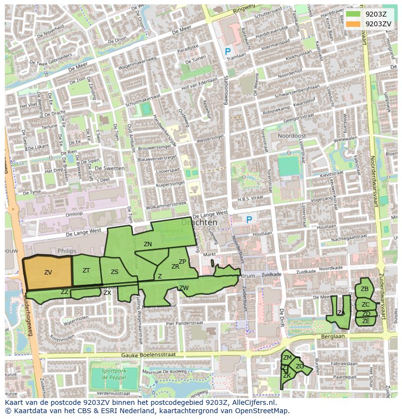 Afbeelding van het postcodegebied 9203 ZV op de kaart.