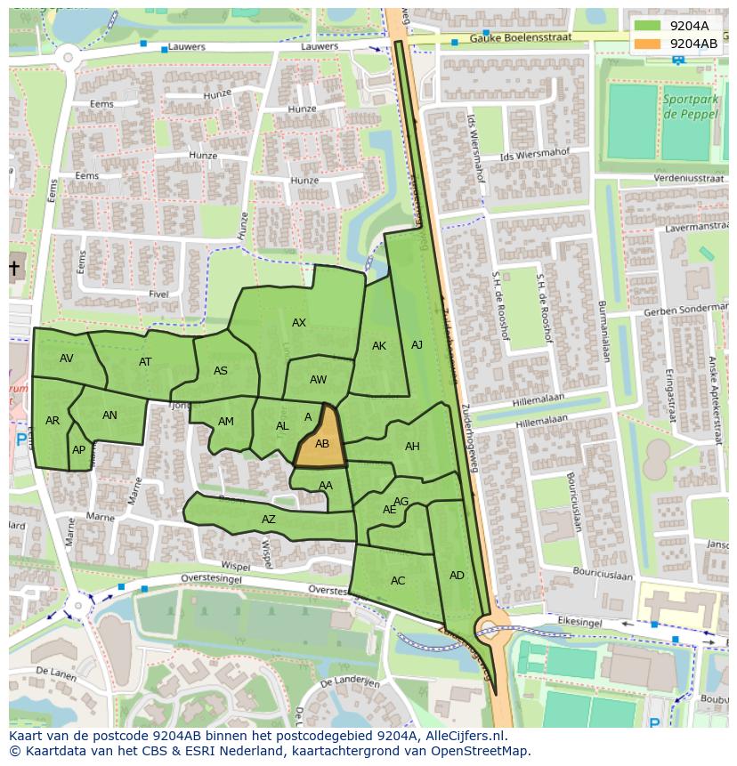 Afbeelding van het postcodegebied 9204 AB op de kaart.