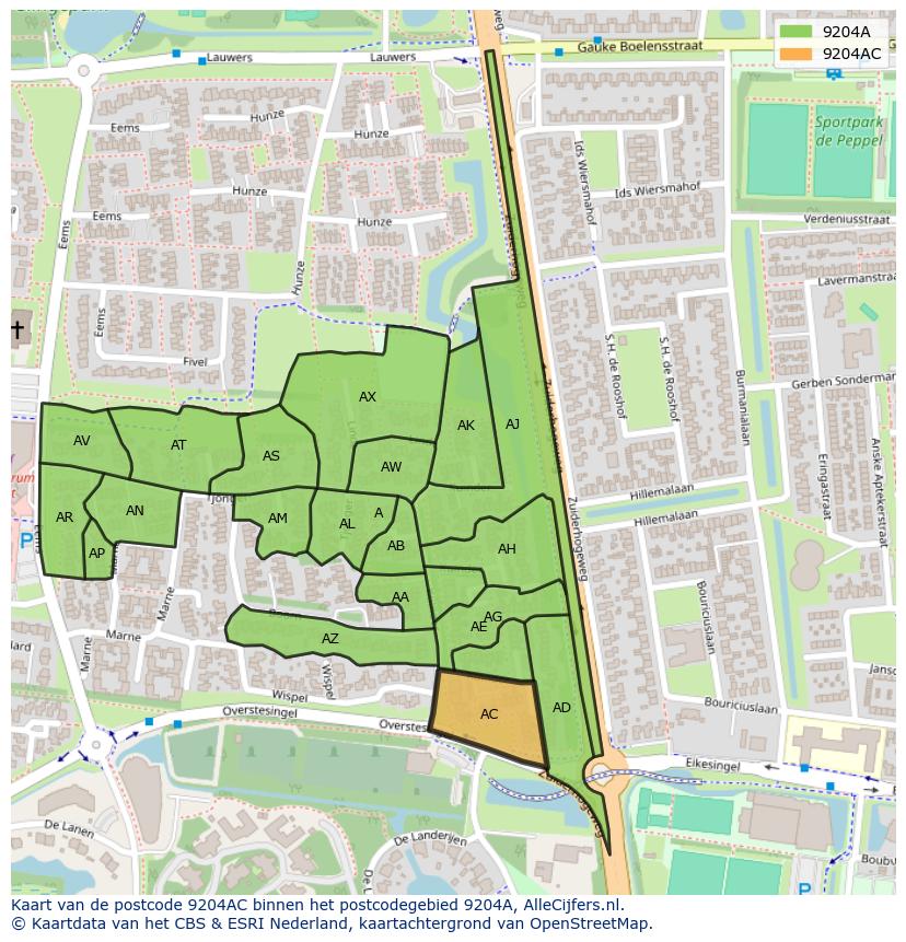 Afbeelding van het postcodegebied 9204 AC op de kaart.