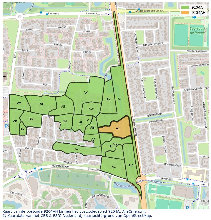 Afbeelding van het postcodegebied 9204 AH op de kaart.