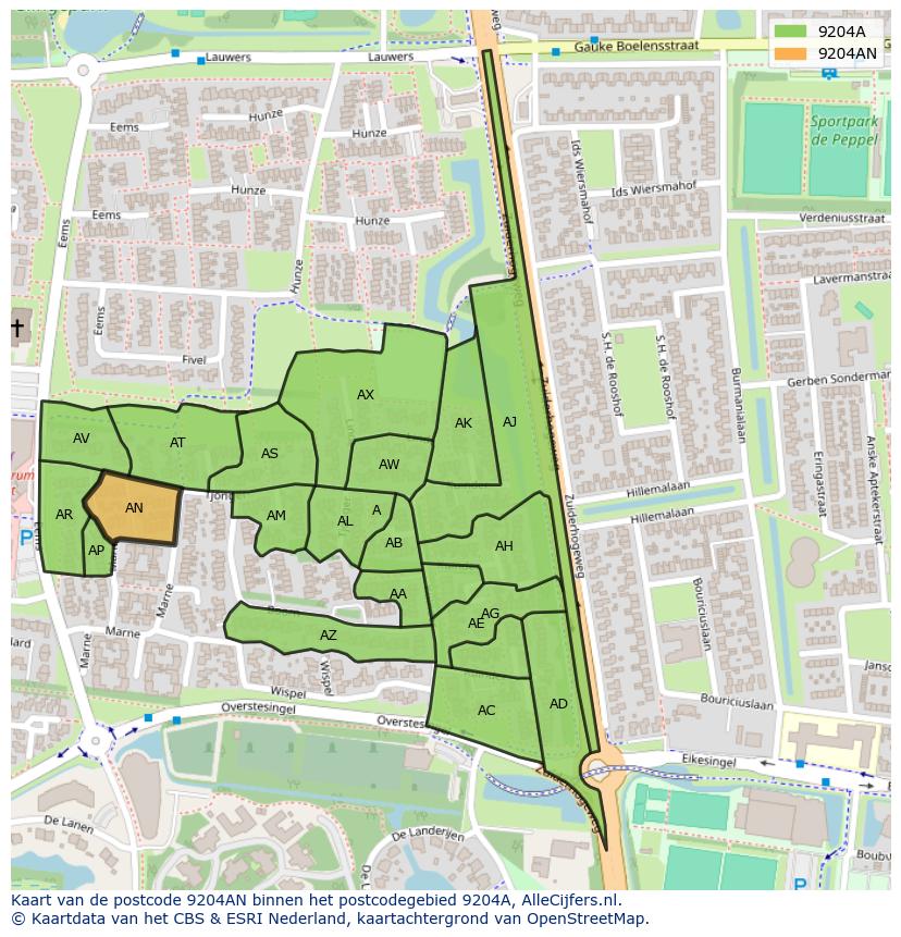 Afbeelding van het postcodegebied 9204 AN op de kaart.