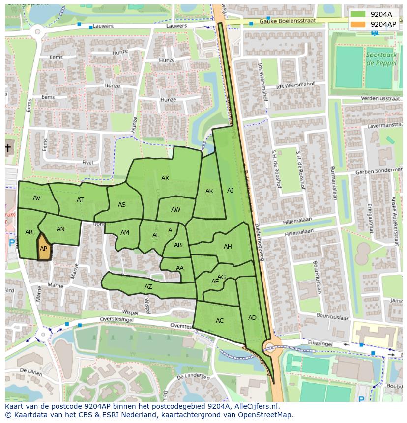 Afbeelding van het postcodegebied 9204 AP op de kaart.