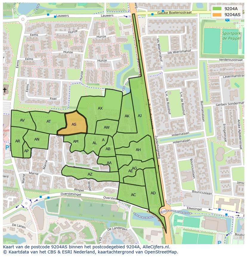 Afbeelding van het postcodegebied 9204 AS op de kaart.