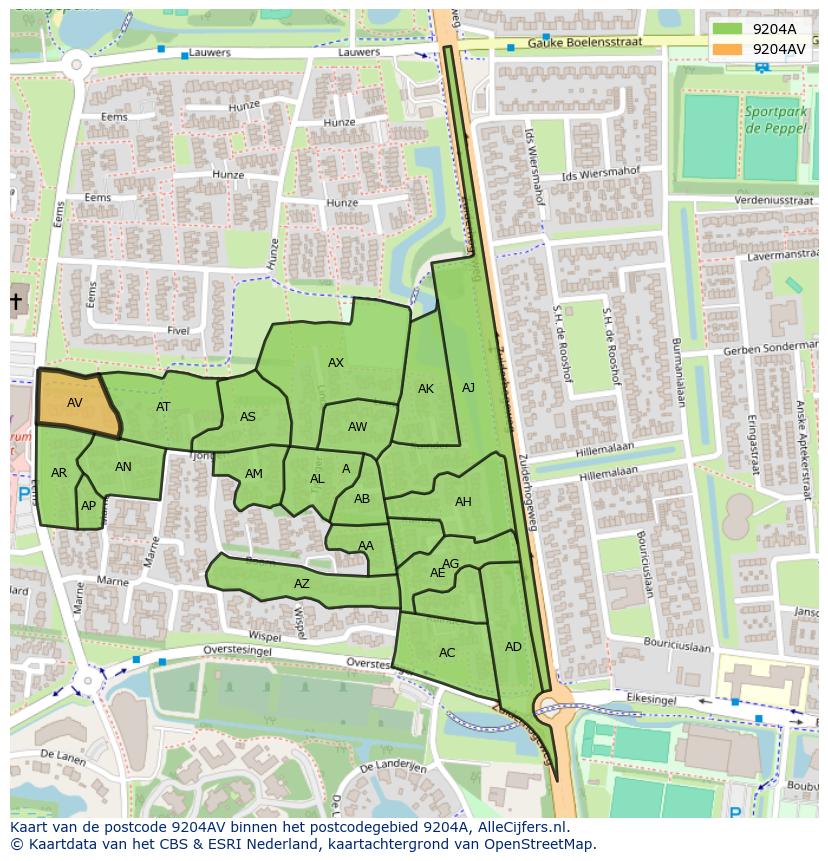 Afbeelding van het postcodegebied 9204 AV op de kaart.