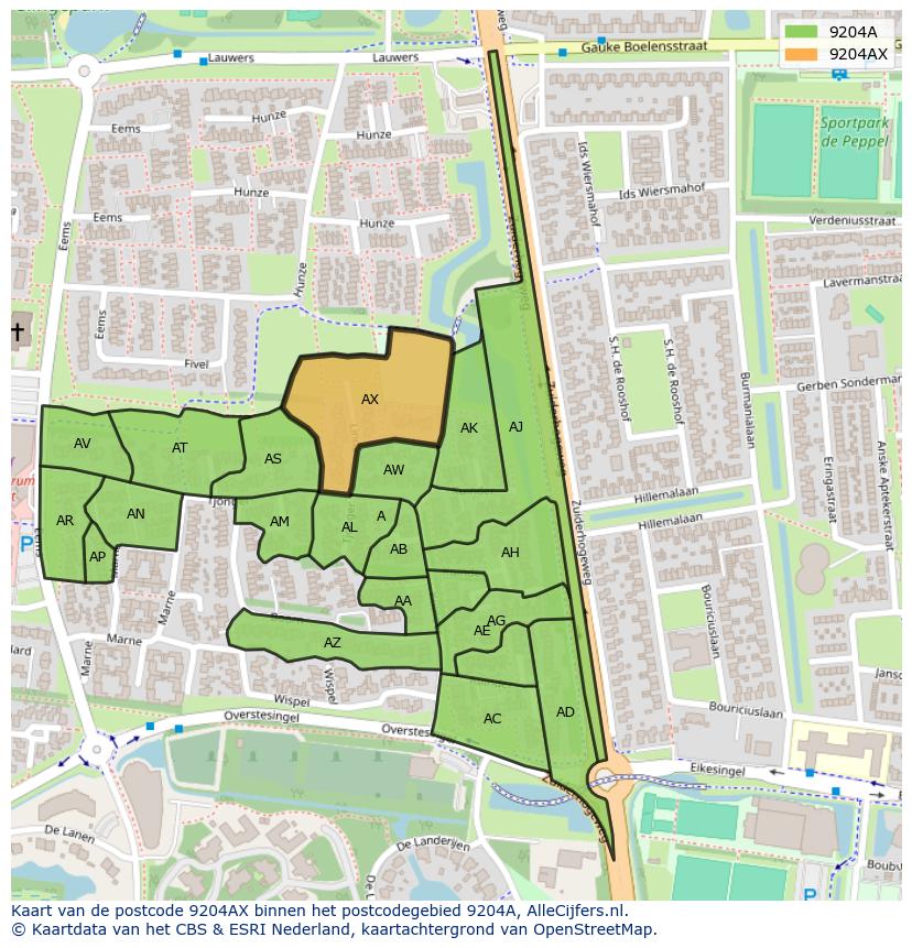 Afbeelding van het postcodegebied 9204 AX op de kaart.