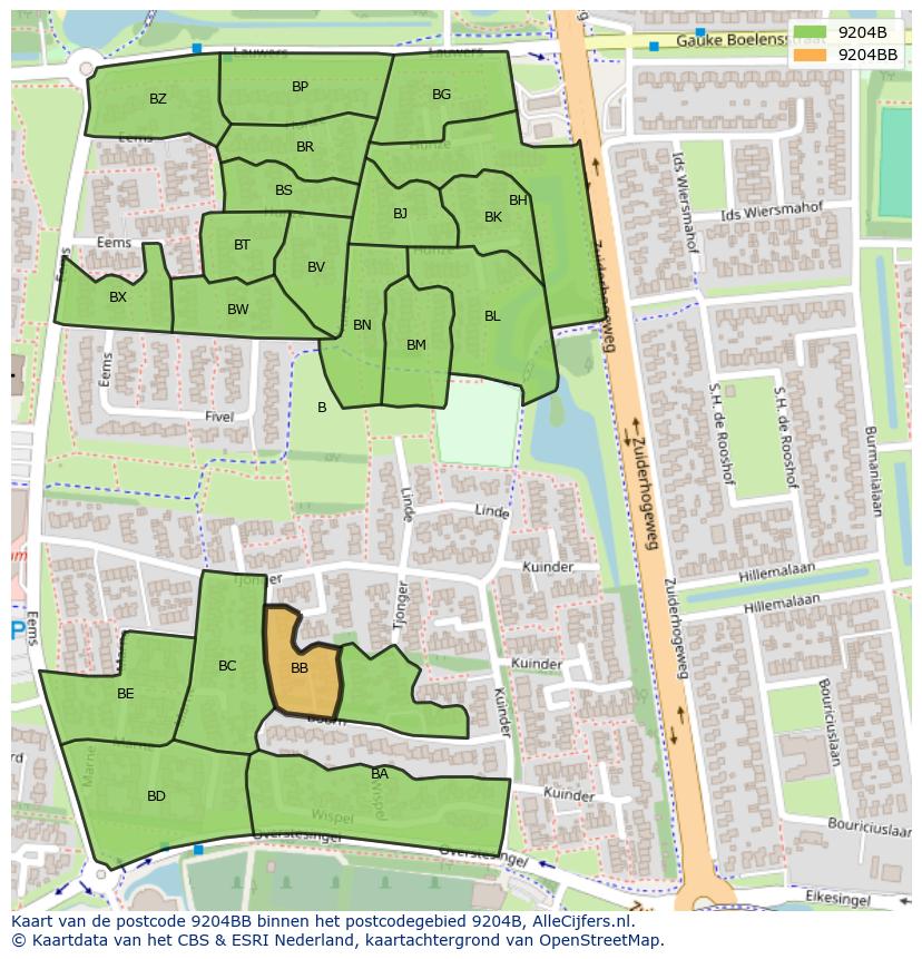 Afbeelding van het postcodegebied 9204 BB op de kaart.