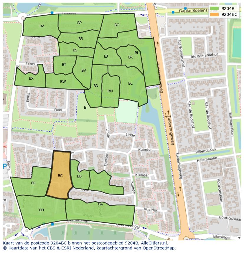 Afbeelding van het postcodegebied 9204 BC op de kaart.