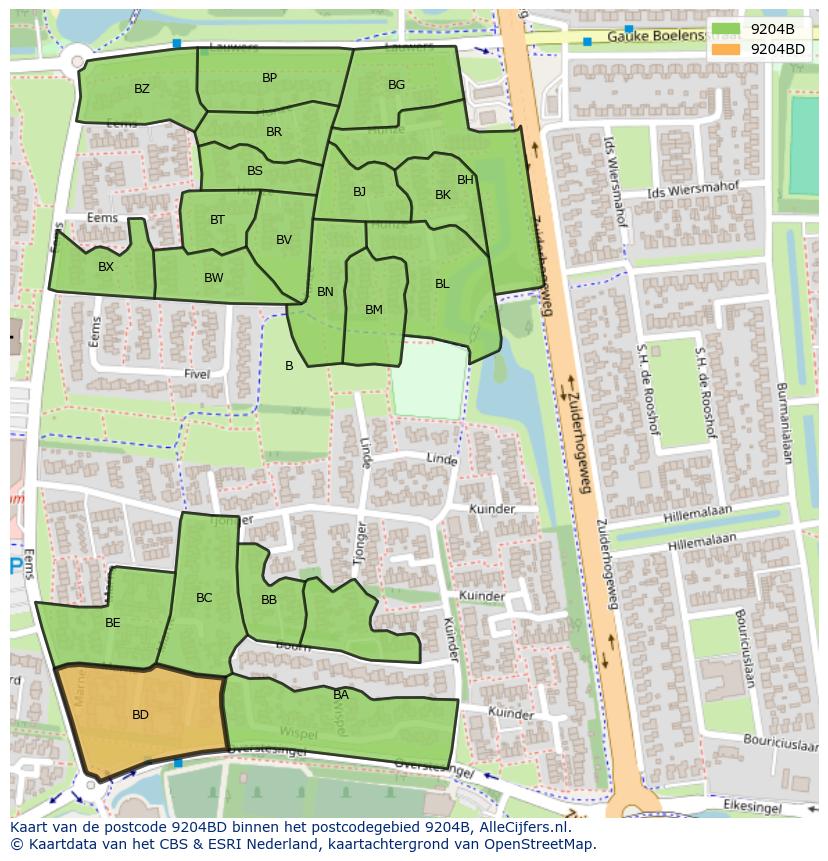 Afbeelding van het postcodegebied 9204 BD op de kaart.