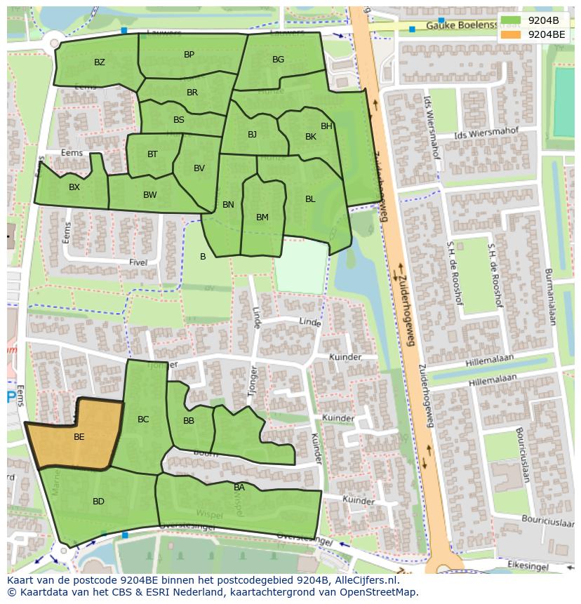 Afbeelding van het postcodegebied 9204 BE op de kaart.