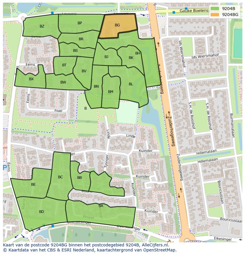 Afbeelding van het postcodegebied 9204 BG op de kaart.