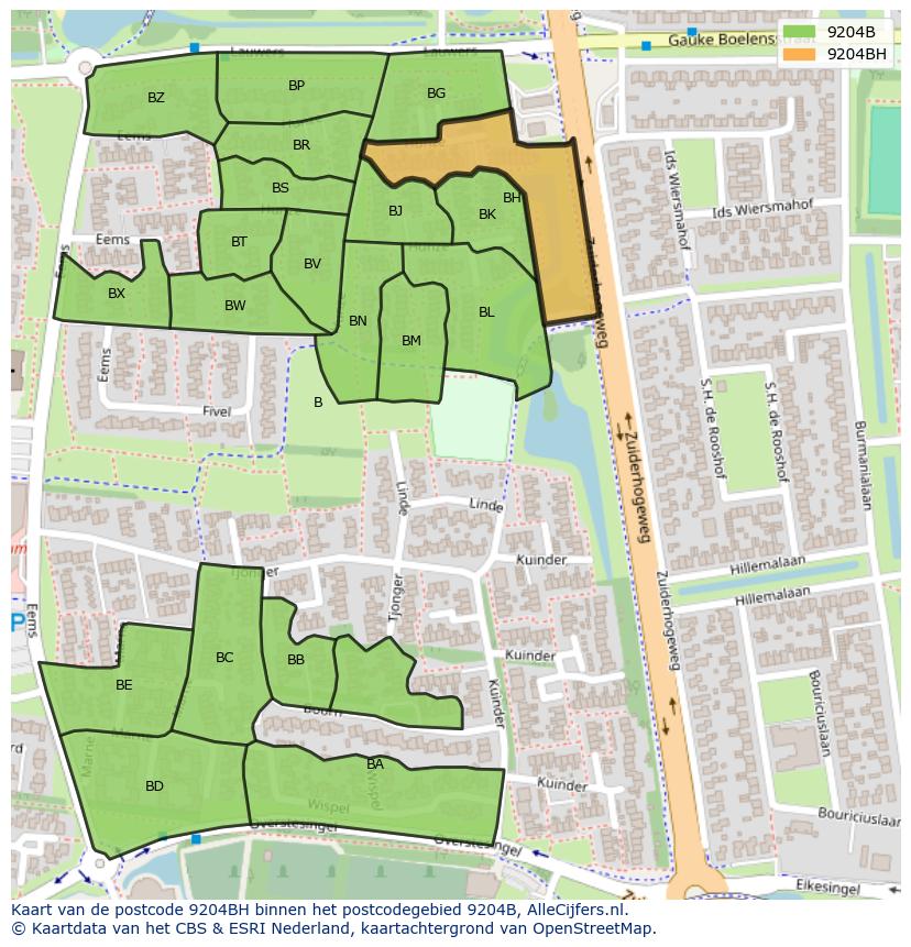 Afbeelding van het postcodegebied 9204 BH op de kaart.