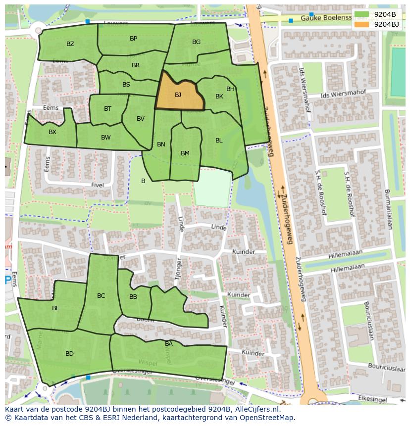 Afbeelding van het postcodegebied 9204 BJ op de kaart.