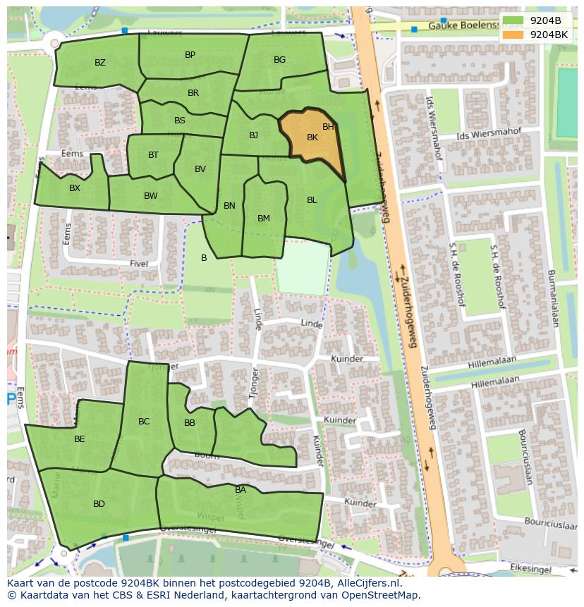 Afbeelding van het postcodegebied 9204 BK op de kaart.
