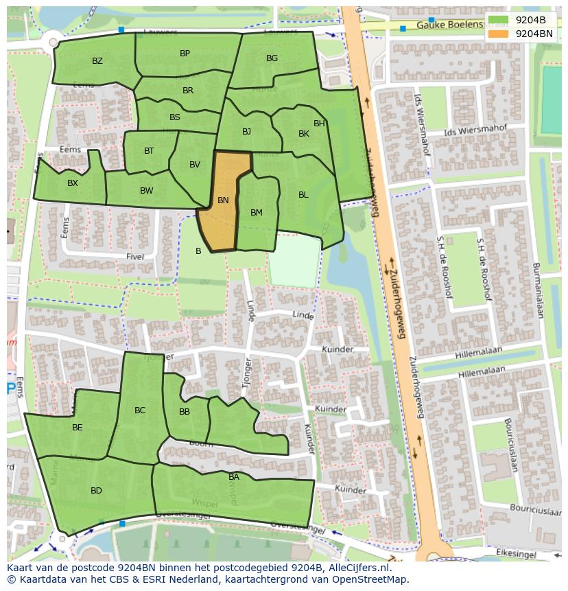 Afbeelding van het postcodegebied 9204 BN op de kaart.
