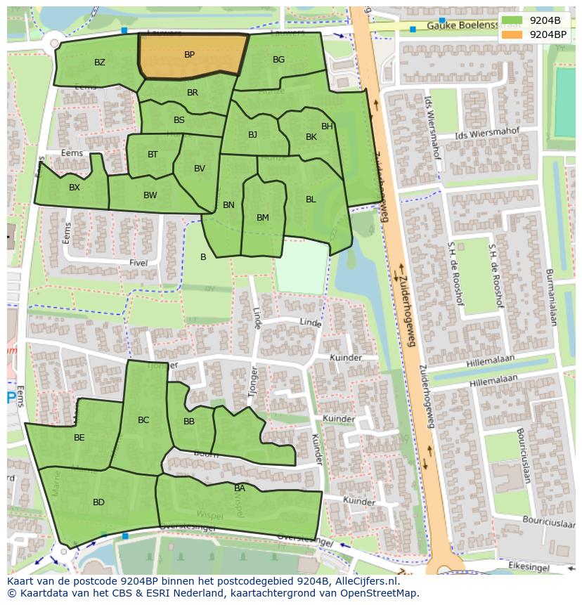 Afbeelding van het postcodegebied 9204 BP op de kaart.