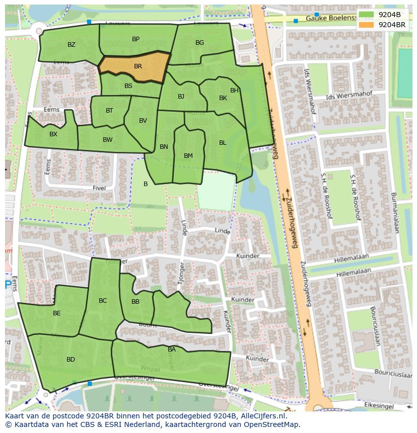 Afbeelding van het postcodegebied 9204 BR op de kaart.