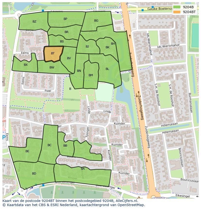 Afbeelding van het postcodegebied 9204 BT op de kaart.